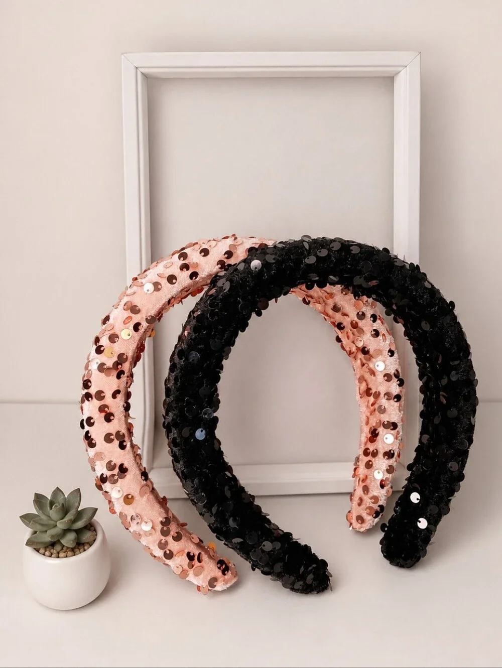Rose Gold & Black Sequin Padded Headbands – Set of 2 Hair Accessories Sparkly